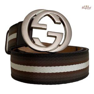 Authentic Gucci Web Canvas Leather Silver Interlocking G Buckle Belt 95/38